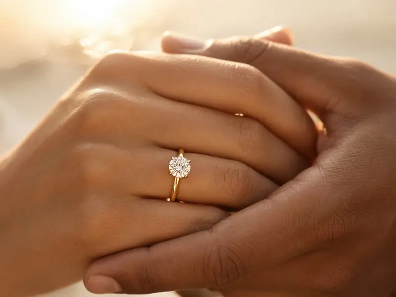 Close-up of two hands held together, one wearing a gold solitaire engagement ring, in warm sunset light